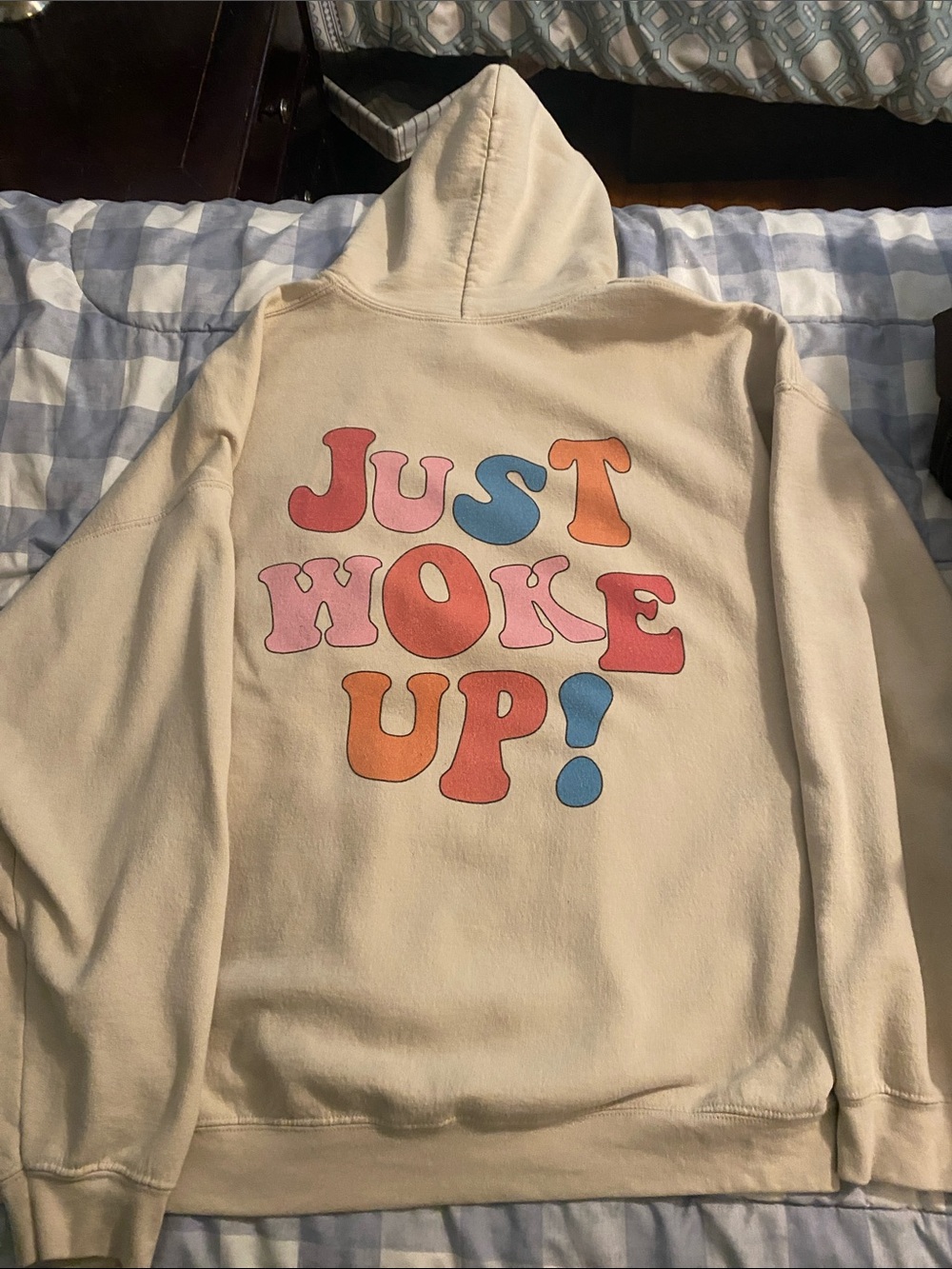 Gildan Cream Hoodie with Pink, Blue & Orange Retro Puff Lettering